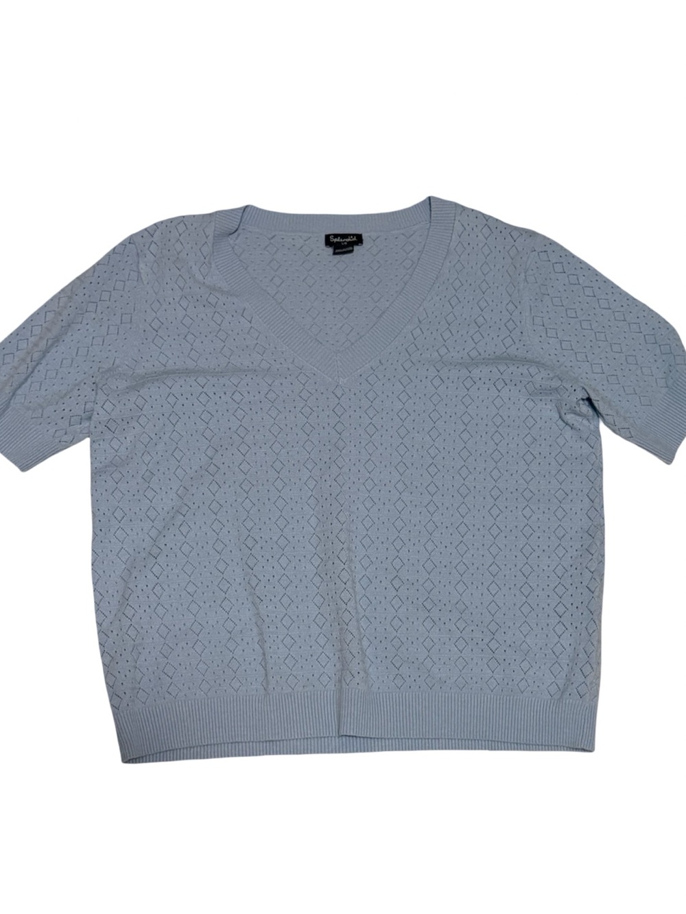 Splendid Pointelle Knit V-Neck Sweater Top Blue Short Sleeve Large